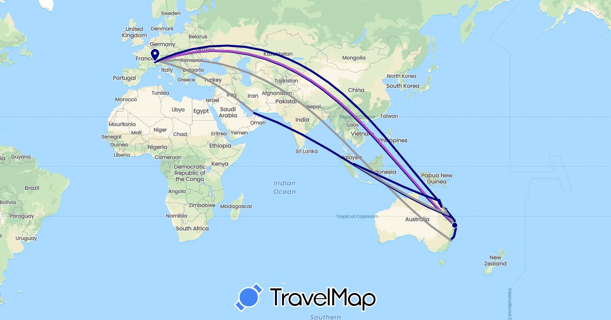 TravelMap itinerary: driving, bus, plane, train, boat in United Arab Emirates, Australia, France, Italy, Singapore (Asia, Europe, Oceania)